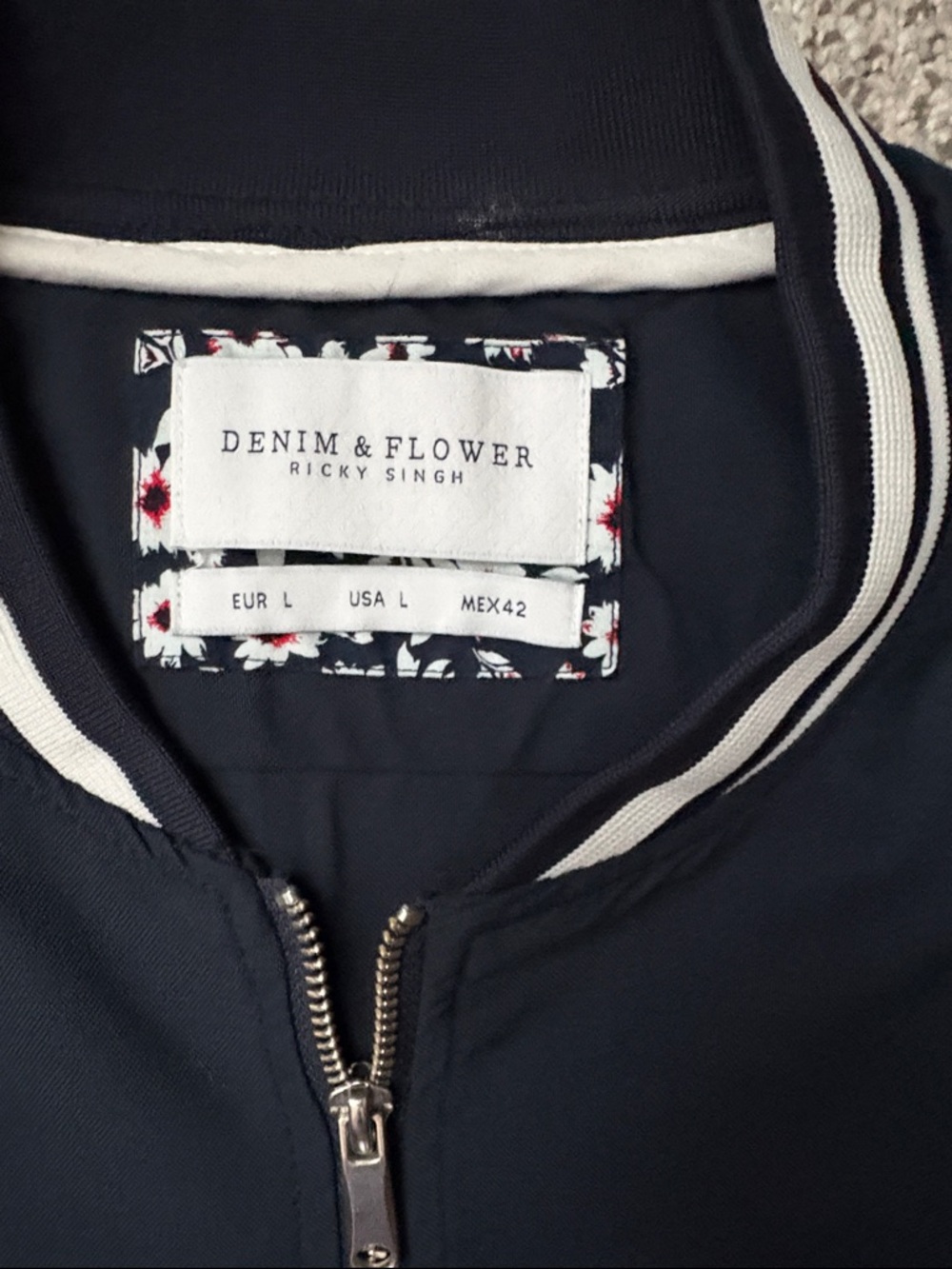 Denim & Flower Men's Navy Bomber Jacket with Striped Trim - Picture 2 of 6
